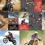 Motocross dirt bike collage allover print with action photos riders illustrated bikes and Born to Ride text brown multi quilting fabric for boys quilts and motocross gifts