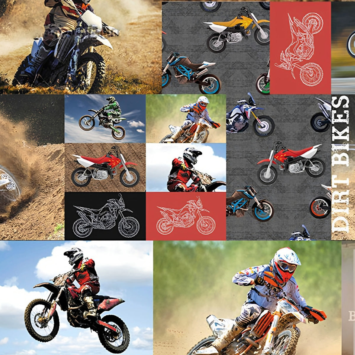 Motocross dirt bike collage allover print with action photos riders illustrated bikes and Born to Ride text brown multi quilting fabric for boys quilts and motocross gifts