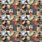 Motocross dirt bike collage allover print with action photos riders illustrated bikes and Born to Ride text brown multi quilting fabric for boys quilts and motocross gifts