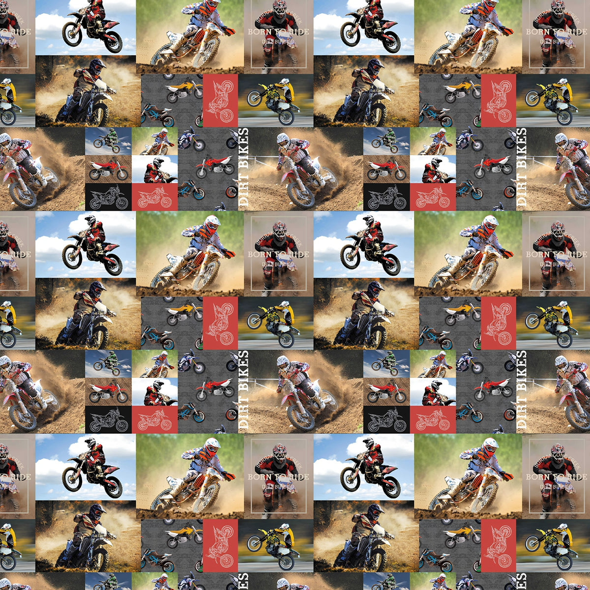 Motocross dirt bike collage allover print with action photos riders illustrated bikes and Born to Ride text brown multi quilting fabric for boys quilts and motocross gifts