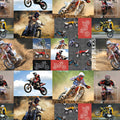 Motocross dirt bike collage allover print with action photos riders illustrated bikes and Born to Ride text brown multi quilting fabric for boys quilts and motocross gifts