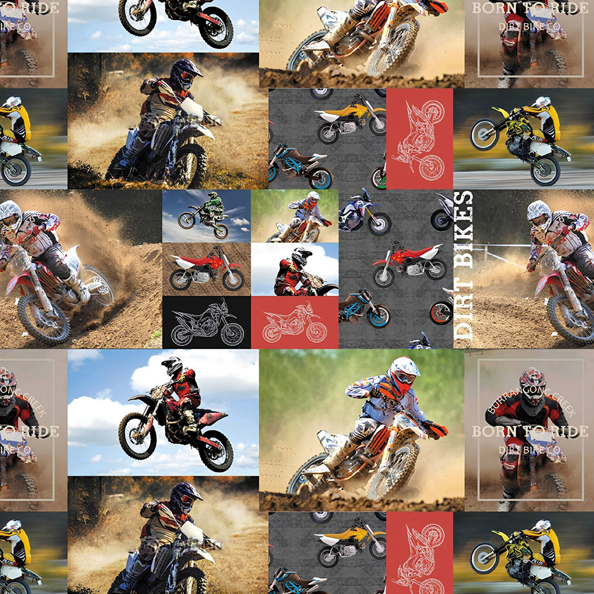 Motocross dirt bike collage allover print with action photos riders illustrated bikes and Born to Ride text brown multi quilting fabric for boys quilts and motocross gifts