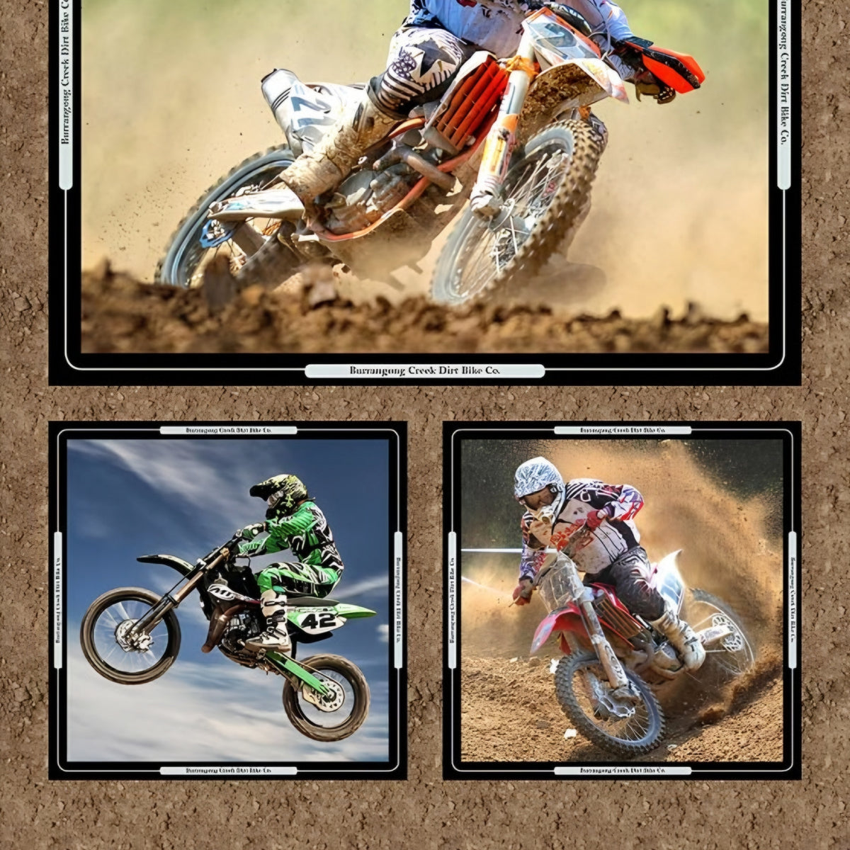 Dirt bike motocross collage panel brown five framed action shots quilting fabric for boys mens quilts wall hangings and motocross gifts