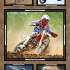 Dirt bike motocross collage panel brown five framed action shots quilting fabric for boys mens quilts wall hangings and motocross gifts
