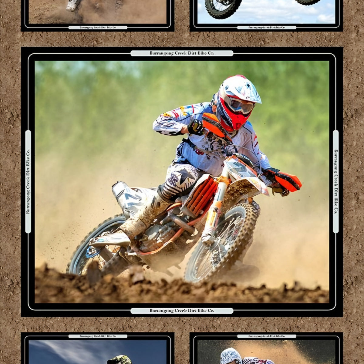 Dirt bike motocross collage panel brown five framed action shots quilting fabric for boys mens quilts wall hangings and motocross gifts