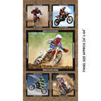 Dirt bike motocross collage panel brown five framed action shots quilting fabric for boys mens quilts wall hangings and motocross gifts