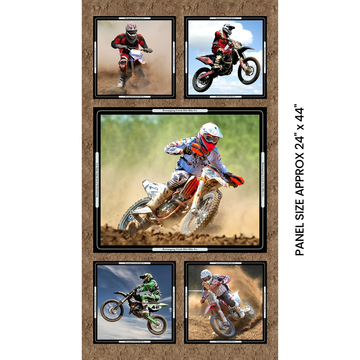 Dirt bike motocross collage panel brown five framed action shots quilting fabric for boys mens quilts wall hangings and motocross gifts
