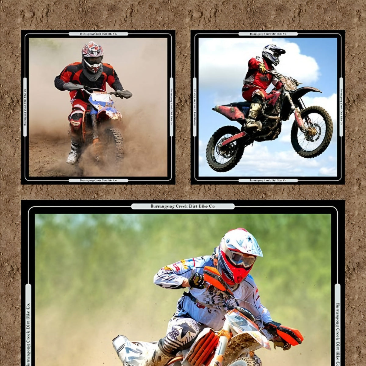 Dirt bike motocross collage panel brown five framed action shots quilting fabric for boys mens quilts wall hangings and motocross gifts