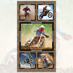 Dirt bike motocross collage panel brown five framed action shots quilting fabric for boys mens quilts wall hangings and motocross gifts