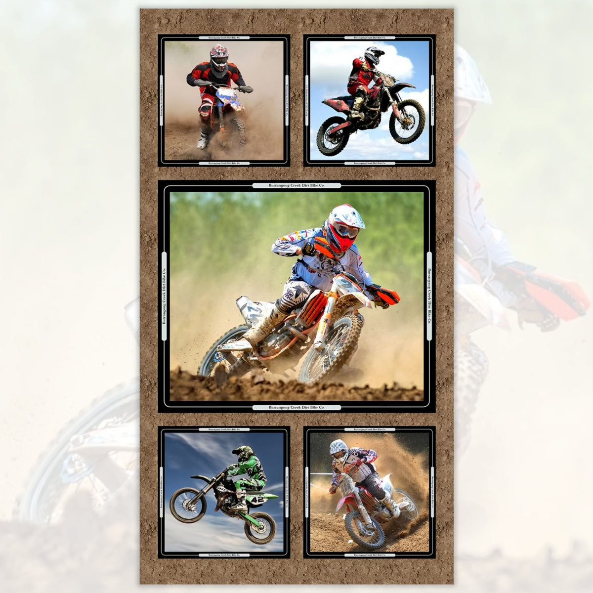Dirt bike motocross collage panel brown five framed action shots quilting fabric for boys mens quilts wall hangings and motocross gifts