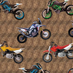 Tossed dirt bikes allover print brown multi colourful motocross bikes quilting fabric for boys mens quilts cushions and gifts