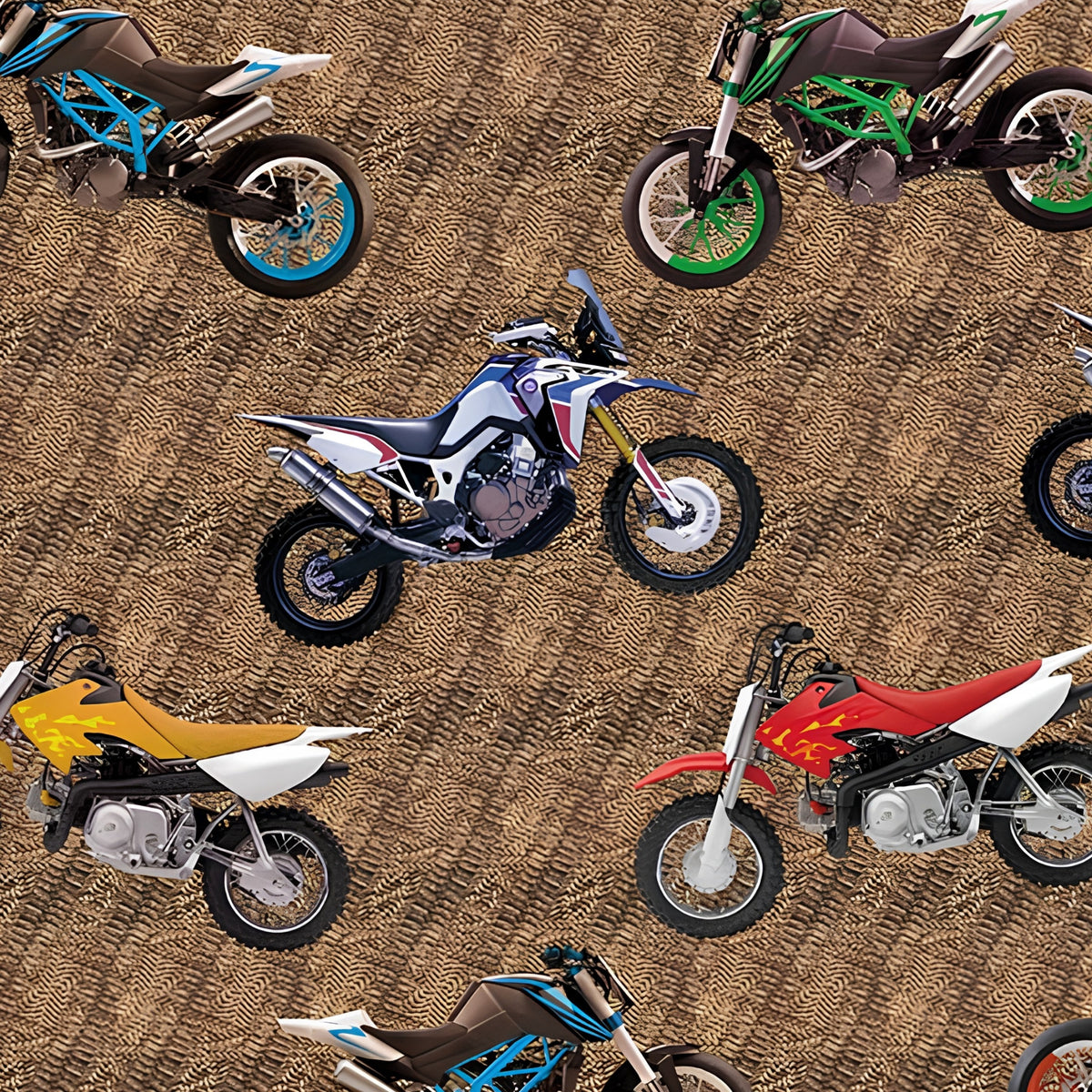 Tossed dirt bikes allover print brown multi colourful motocross bikes quilting fabric for boys mens quilts cushions and gifts