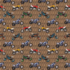 Tossed dirt bikes allover print brown multi colourful motocross bikes quilting fabric for boys mens quilts cushions and gifts