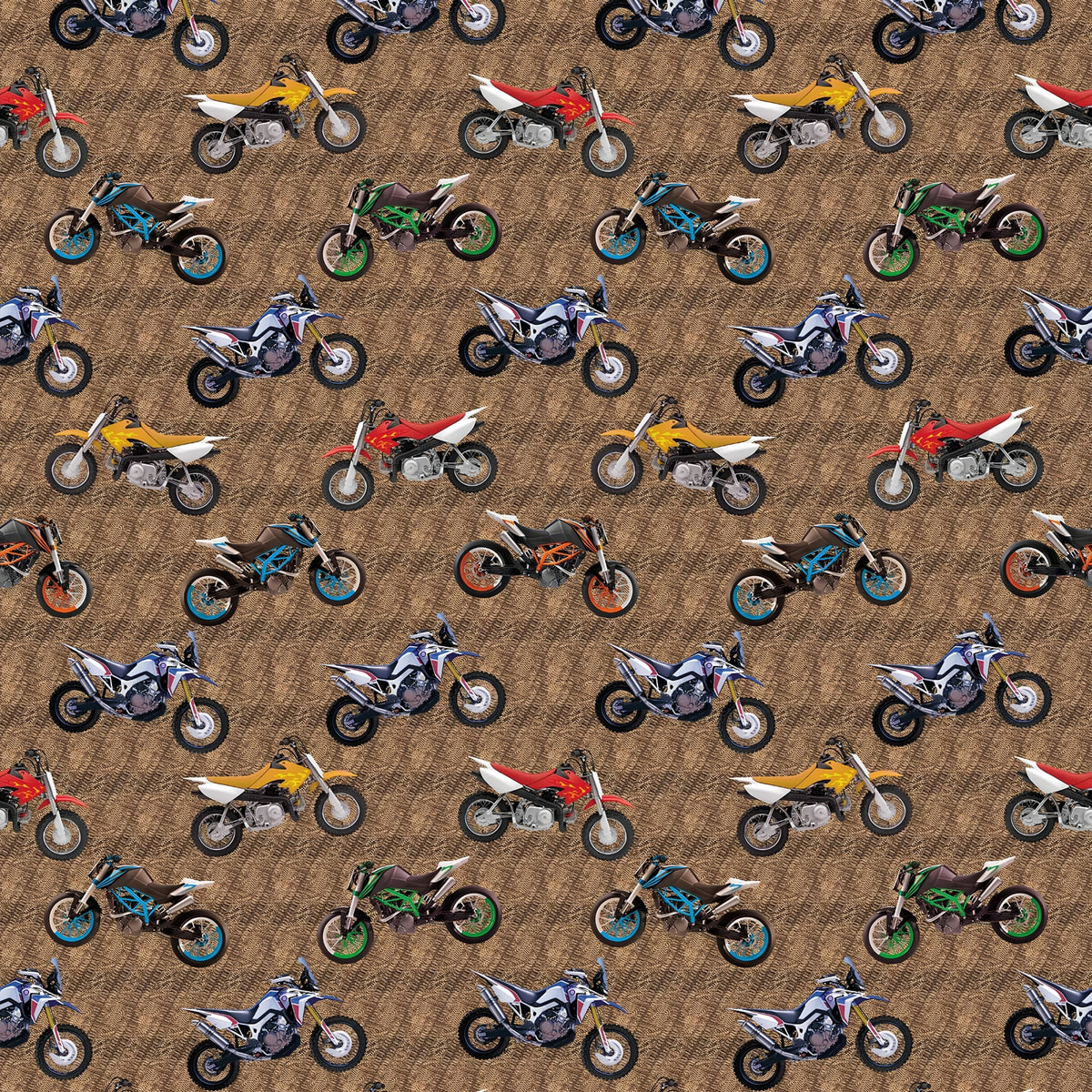 Tossed dirt bikes allover print brown multi colourful motocross bikes quilting fabric for boys mens quilts cushions and gifts