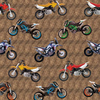 Tossed dirt bikes allover print brown multi colourful motocross bikes quilting fabric for boys mens quilts cushions and gifts