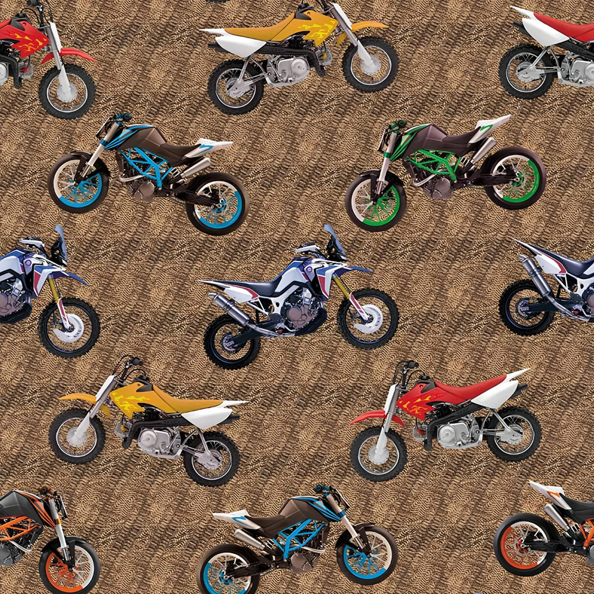 Tossed dirt bikes allover print brown multi colourful motocross bikes quilting fabric for boys mens quilts cushions and gifts