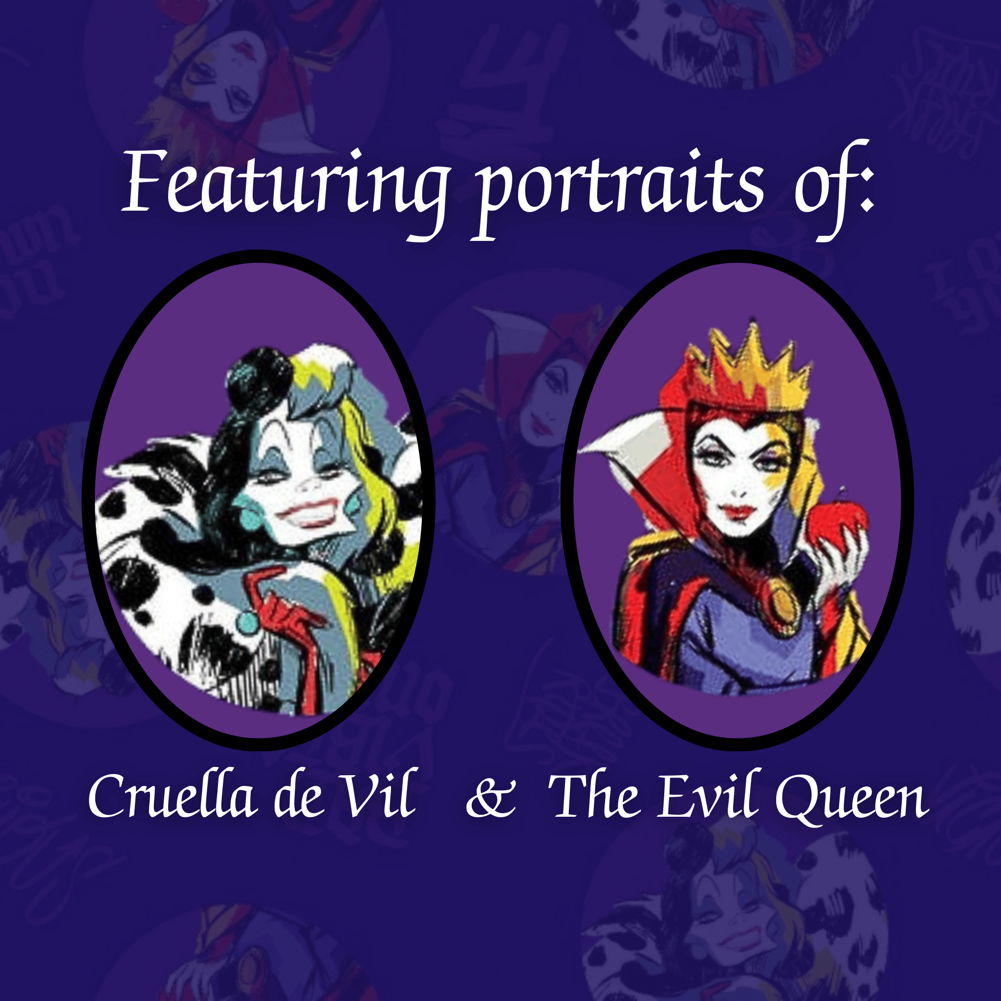Disney Villains fabric close-up Cruella Evil Queen character portraits purple kids quilting cotton Nutex