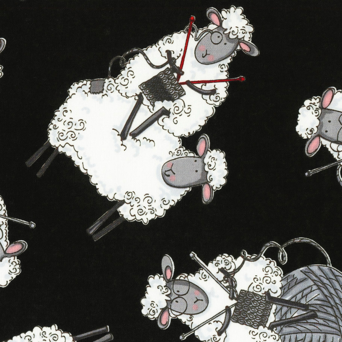 Knitting sheep novelty black fabric with yarn balls and needles for quilts bags and knitter gifts patchwork sewing projects