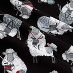Knitting sheep novelty black fabric with yarn balls and needles for quilts bags and knitter gifts patchwork sewing projects