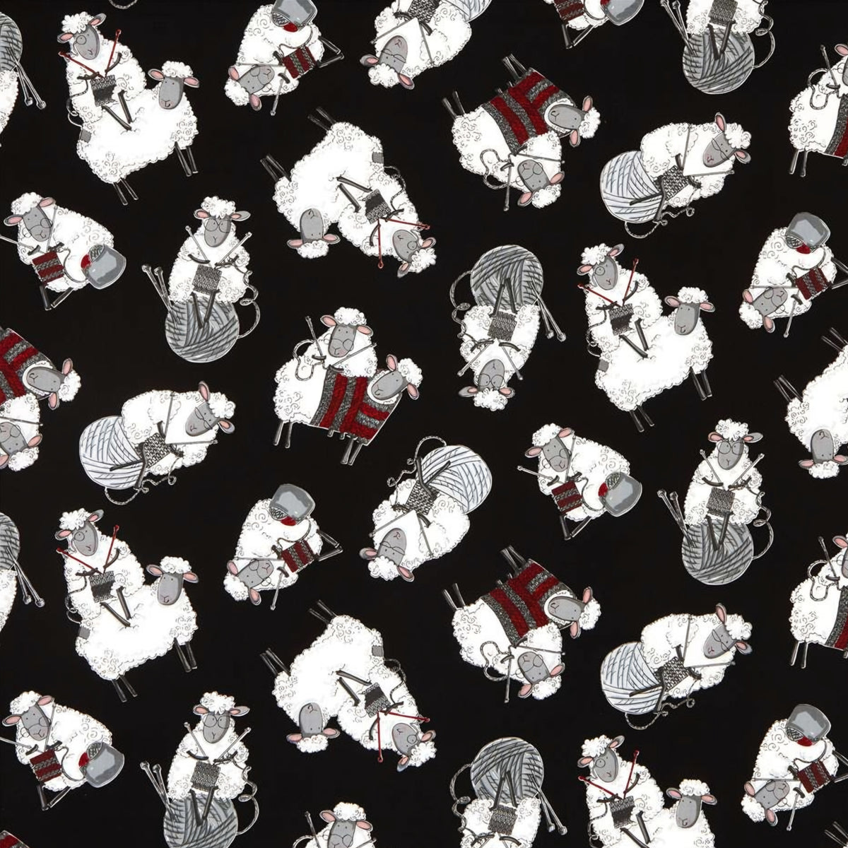 Knitting sheep novelty black fabric with yarn balls and needles for quilts bags and knitter gifts patchwork sewing projects