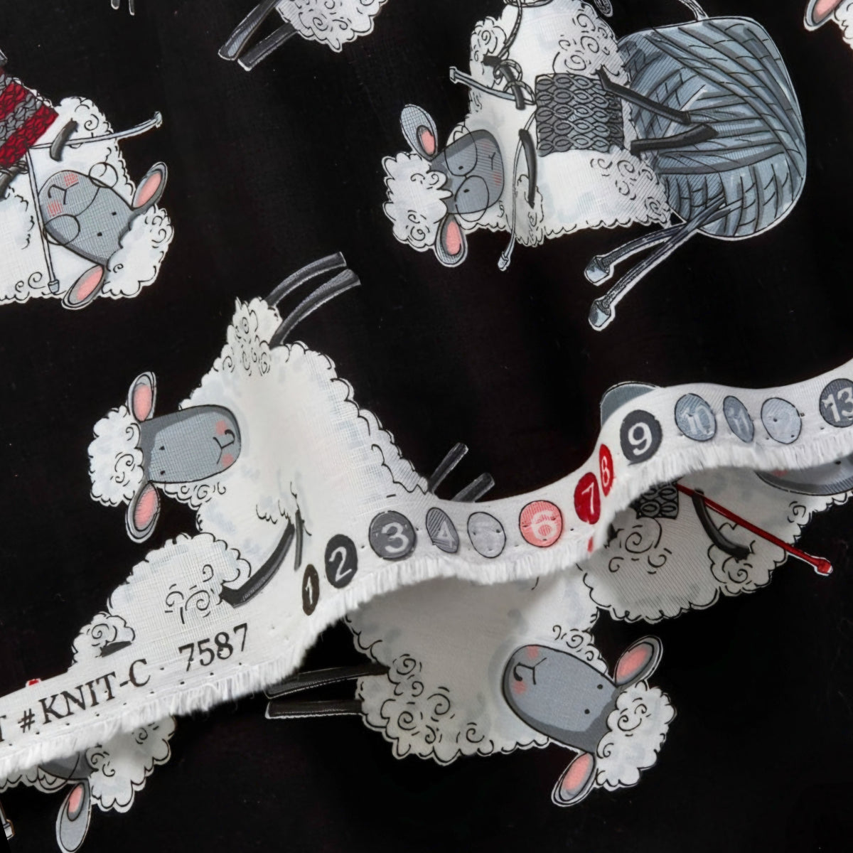 Knitting sheep novelty black fabric with yarn balls and needles for quilts bags and knitter gifts patchwork sewing projects