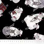 Knitting sheep novelty black fabric with yarn balls and needles for quilts bags and knitter gifts patchwork sewing projects
