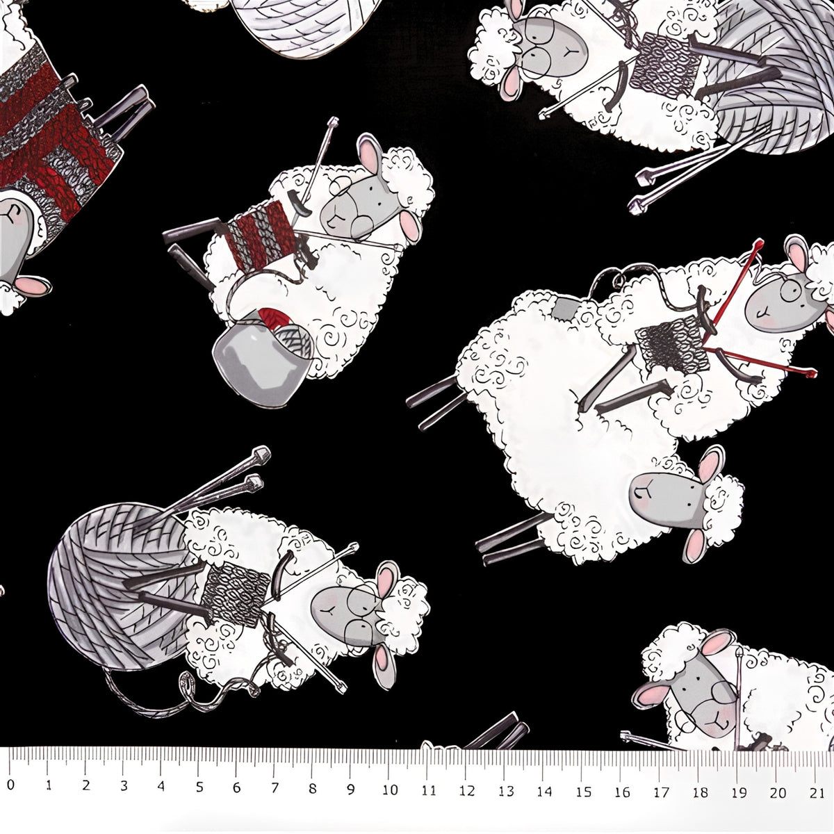Knitting sheep novelty black fabric with yarn balls and needles for quilts bags and knitter gifts patchwork sewing projects
