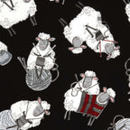 Knitting sheep novelty black fabric with yarn balls and needles for quilts bags and knitter gifts patchwork sewing projects