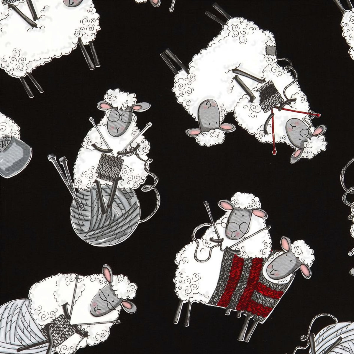 Knitting sheep novelty black fabric with yarn balls and needles for quilts bags and knitter gifts patchwork sewing projects