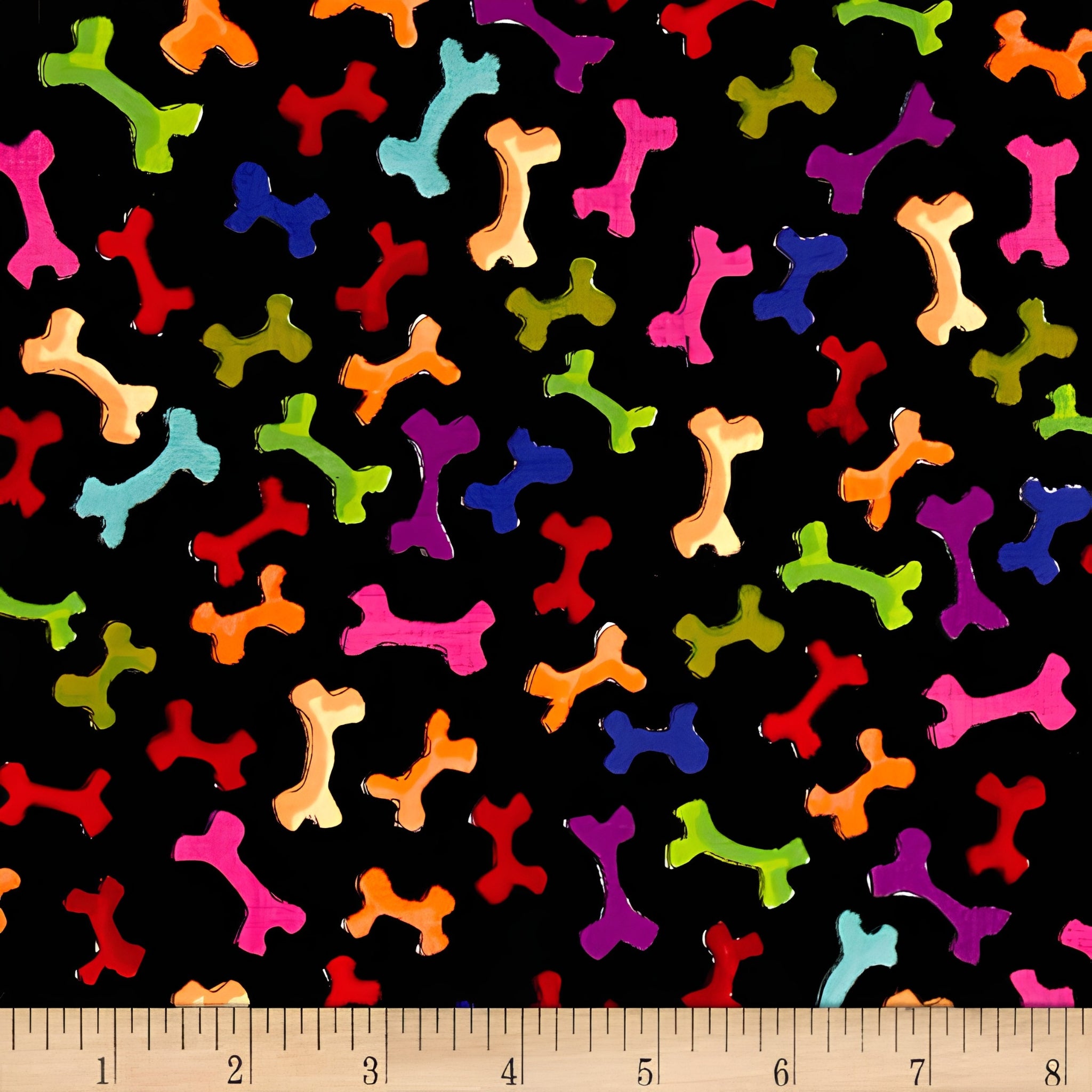 Novelty rainbow dog bones multi-colour black fabric for dog quilts pet accessories and dog lover gifts Loralie Harris Designs