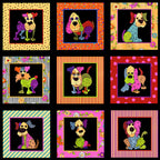 Novelty patchwork dog panel multi-colour black fabric for dog quilts cushions wall hangings and dog lover gifts Loralie Harris Designs