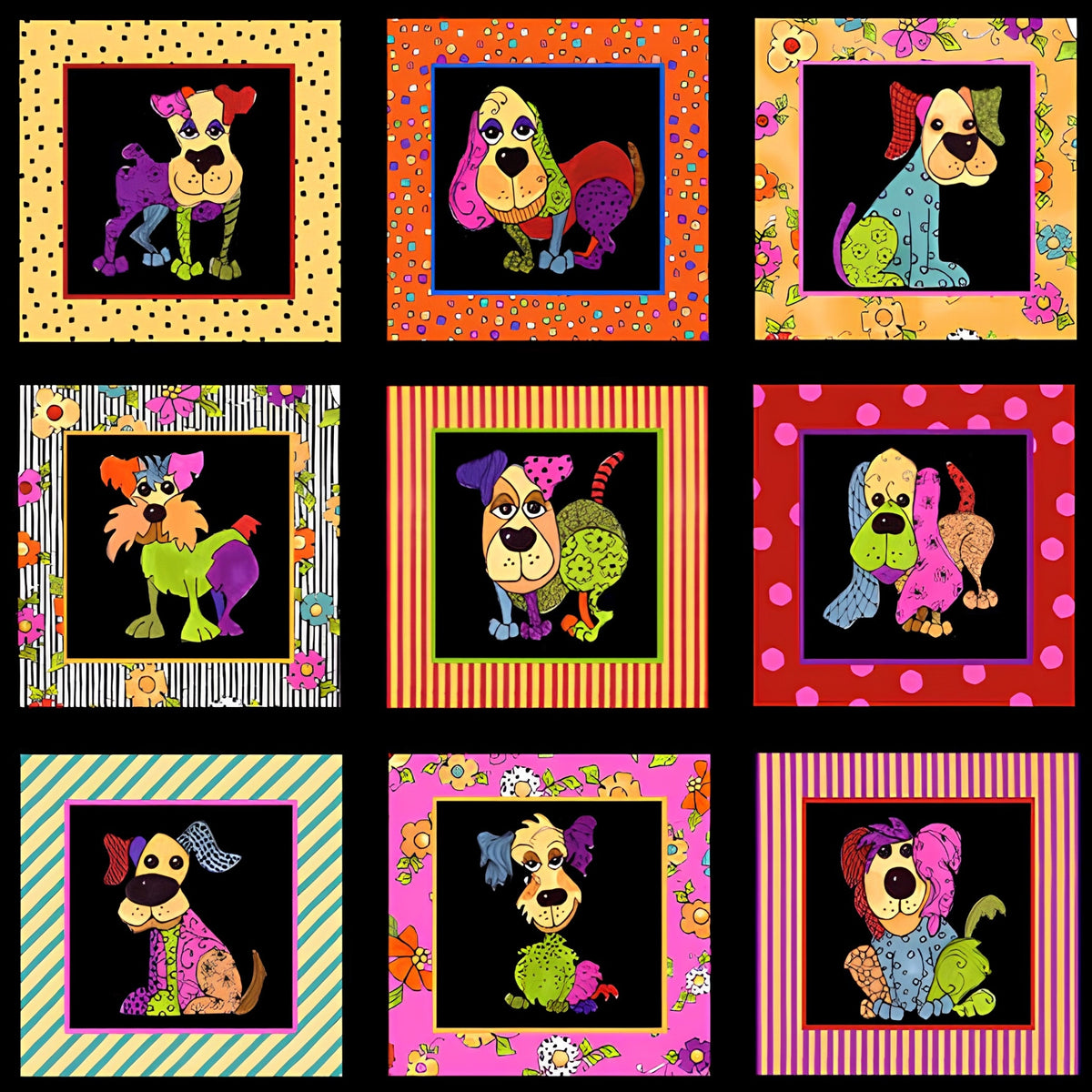 Novelty patchwork dog panel multi-colour black fabric for dog quilts cushions wall hangings and dog lover gifts Loralie Harris Designs