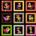 Novelty patchwork dog panel multi-colour black fabric for dog quilts cushions wall hangings and dog lover gifts Loralie Harris Designs