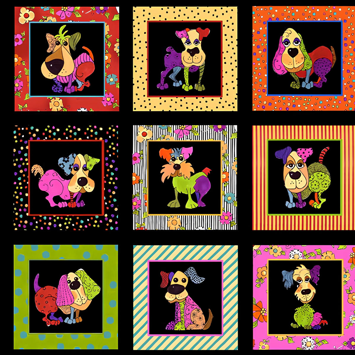 Novelty patchwork dog panel multi-colour black fabric for dog quilts cushions wall hangings and dog lover gifts Loralie Harris Designs