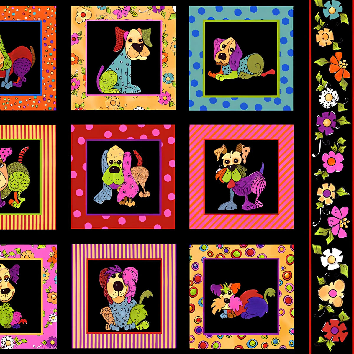 Novelty patchwork dog panel multi-colour black fabric for dog quilts cushions wall hangings and dog lover gifts Loralie Harris Designs