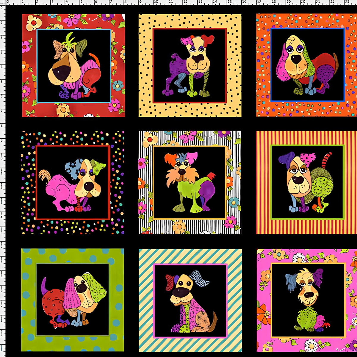 Novelty patchwork dog panel multi-colour black fabric for dog quilts cushions wall hangings and dog lover gifts Loralie Harris Designs