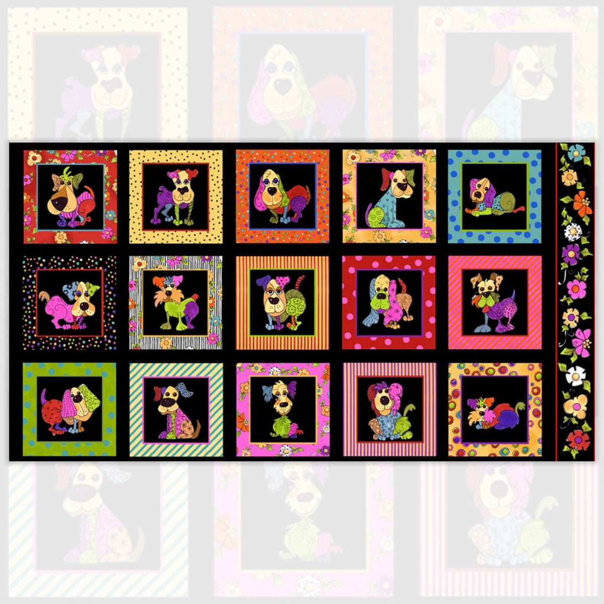 Novelty patchwork dog panel multi-colour black fabric for dog quilts cushions wall hangings and dog lover gifts Loralie Harris Designs