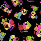 Novelty tossed patchwork dogs multi-colour black fabric for dog quilts tote bags cushions and dog lover gifts Loralie Harris Designs