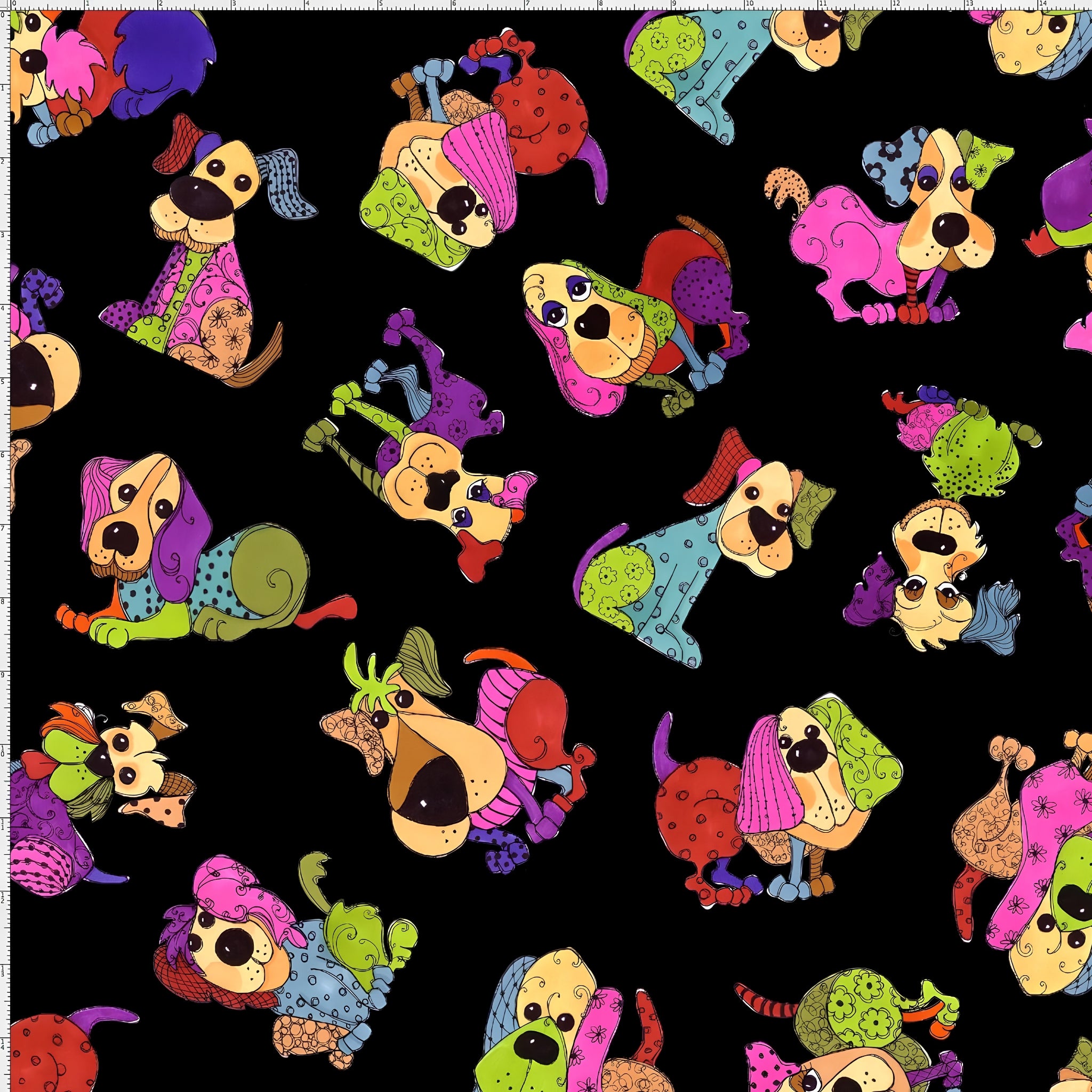 Novelty tossed patchwork dogs multi-colour black fabric for dog quilts tote bags cushions and dog lover gifts Loralie Harris Designs