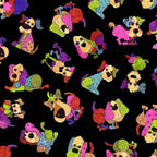 Novelty tossed patchwork dogs multi-colour black fabric for dog quilts tote bags cushions and dog lover gifts Loralie Harris Designs