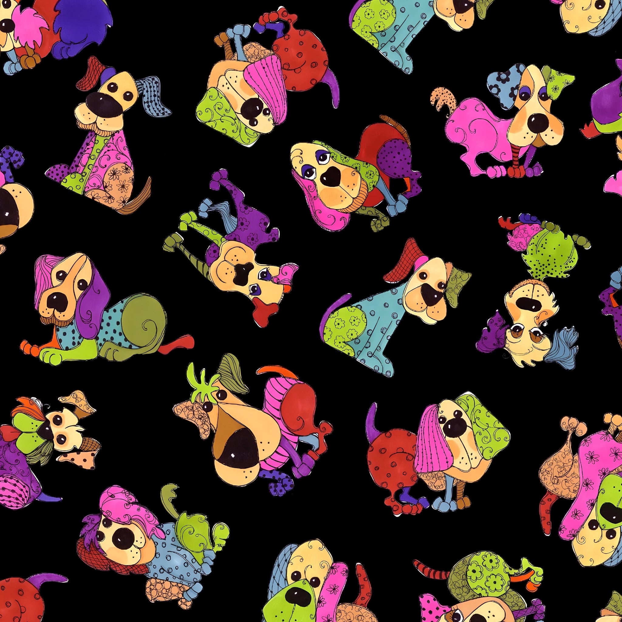 Novelty tossed patchwork dogs multi-colour black fabric for dog quilts tote bags cushions and dog lover gifts Loralie Harris Designs