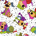 Novelty tossed patchwork dogs multi-colour white black dots fabric for dog quilts tote bags cushions and dog lover gifts Loralie Harris Designs
