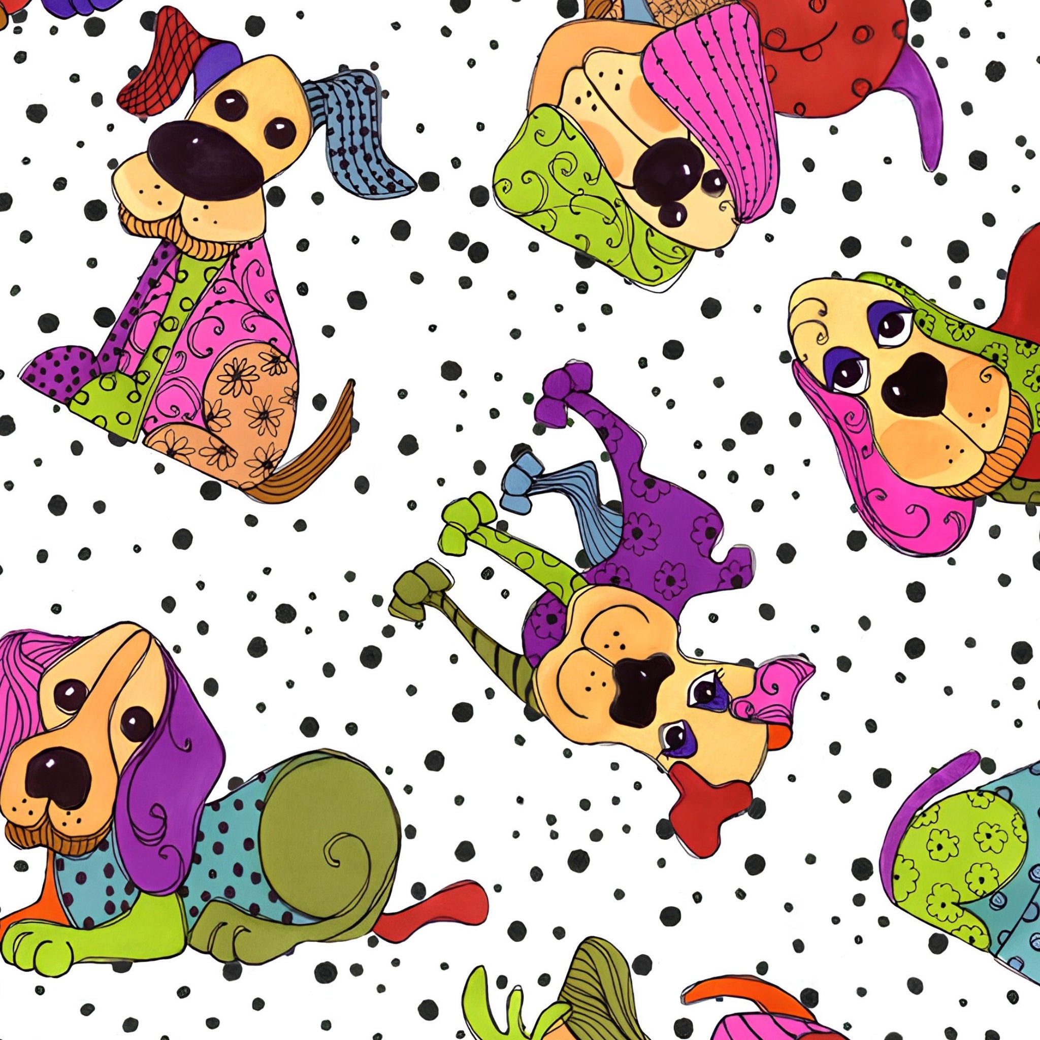 Novelty tossed patchwork dogs multi-colour white black dots fabric for dog quilts tote bags cushions and dog lover gifts Loralie Harris Designs