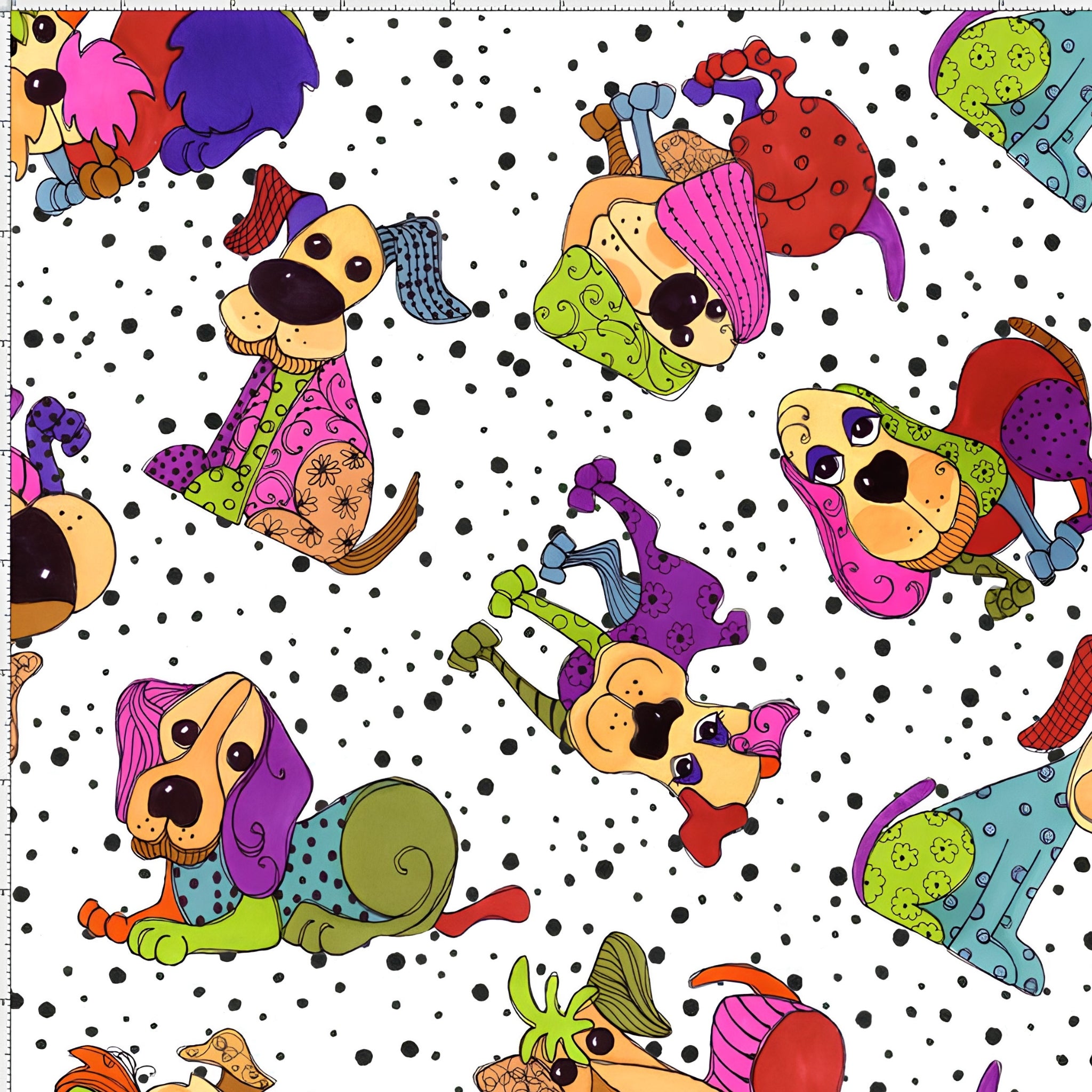 Novelty tossed patchwork dogs multi-colour white black dots fabric for dog quilts tote bags cushions and dog lover gifts Loralie Harris Designs