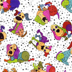 Novelty tossed patchwork dogs multi-colour white black dots fabric for dog quilts tote bags cushions and dog lover gifts Loralie Harris Designs