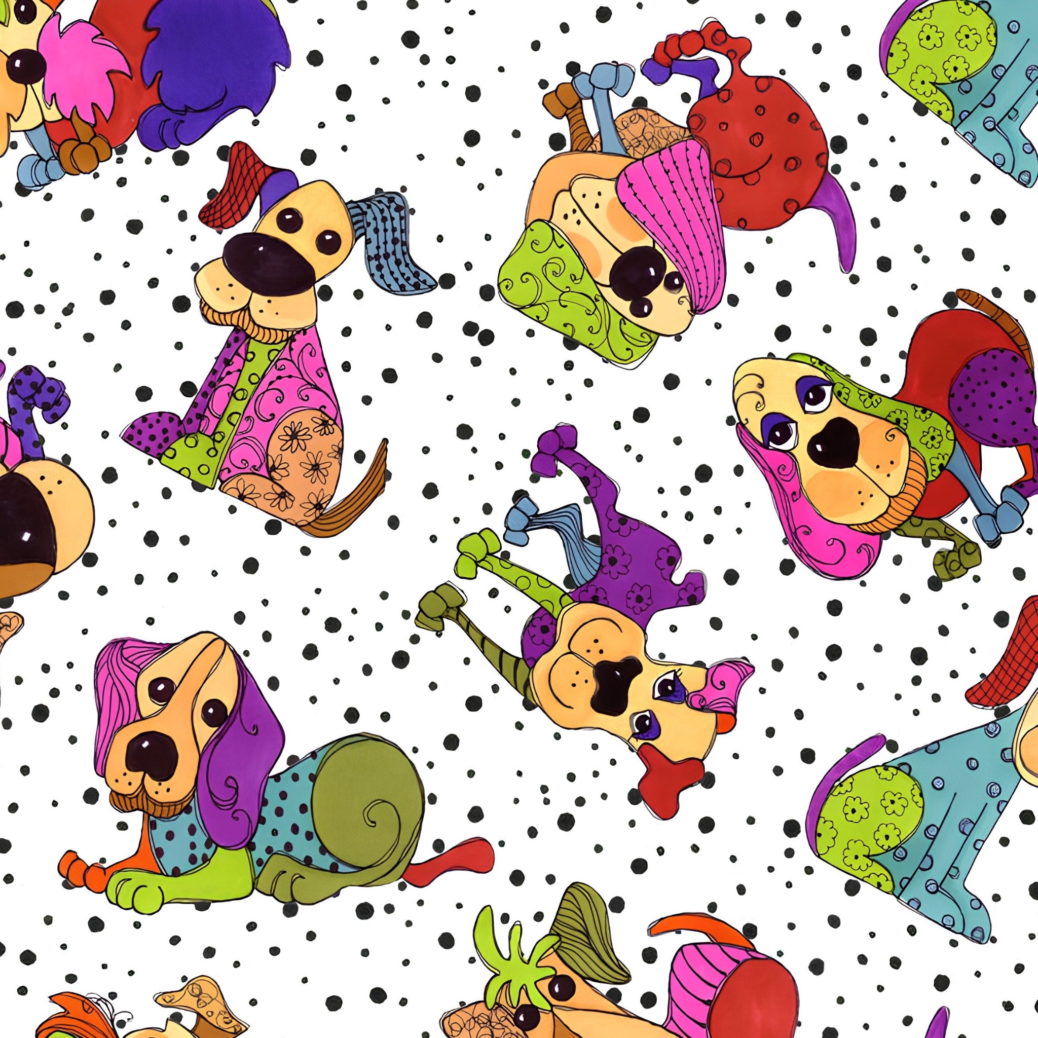 Novelty tossed patchwork dogs multi-colour white black dots fabric for dog quilts tote bags cushions and dog lover gifts Loralie Harris Designs