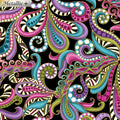 Black fabric with vibrant paisley swirls in pink, purple, teal, and gold metallic
