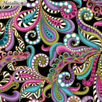 Black fabric with vibrant paisley swirls in pink, purple, teal, and gold metallic