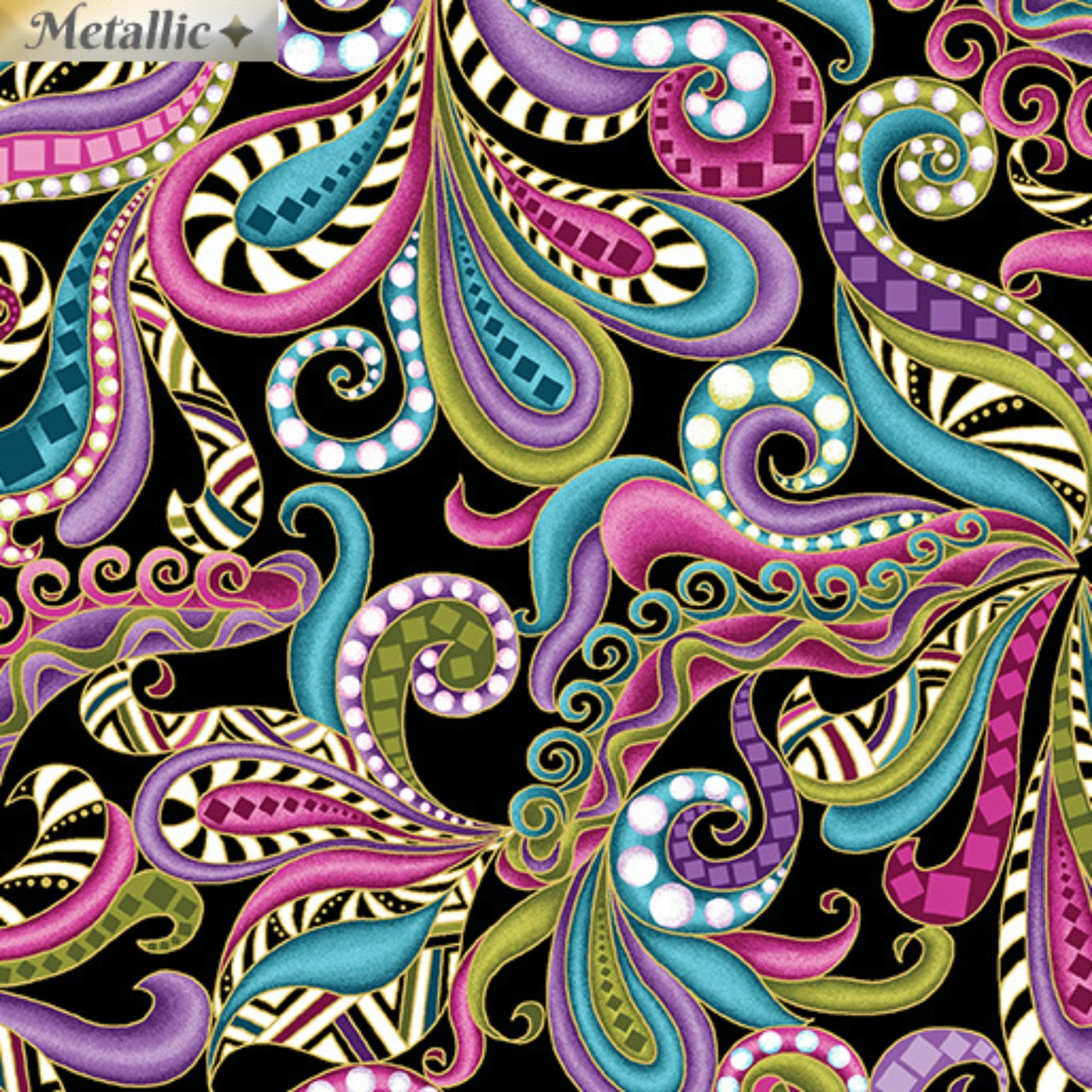 Black fabric with vibrant paisley swirls in pink, purple, teal, and gold metallic