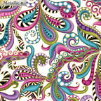 White fabric with vibrant paisley swirls in pink, purple, teal, and gold metallic